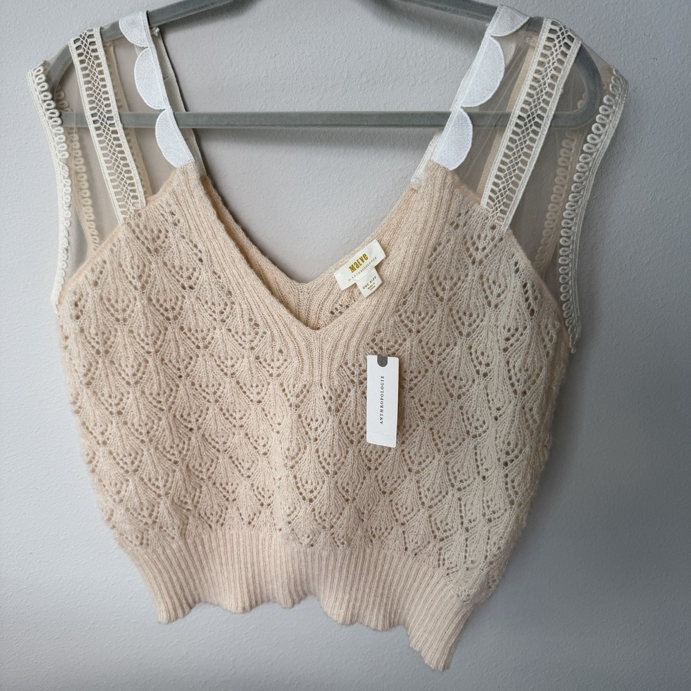 Anthropologie Maeve Cream Sleeveless Cap‎ Shoulder Sweater Appliqué Women NWT OS